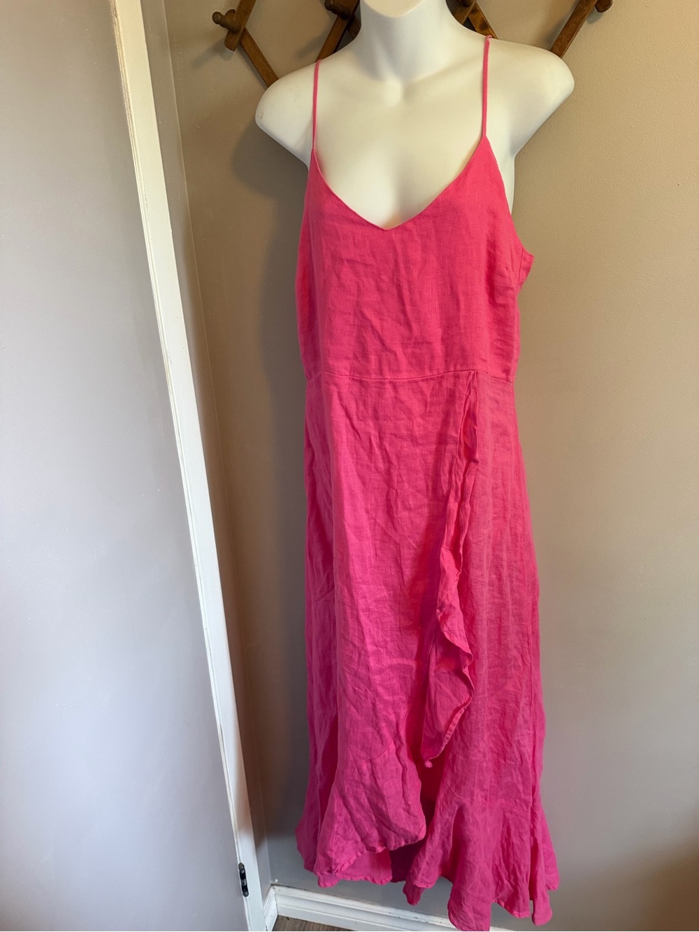 NWT Stark X Hot Pink 100% Linen Lace Up Ruffle Hem Maxi Slip Dress L